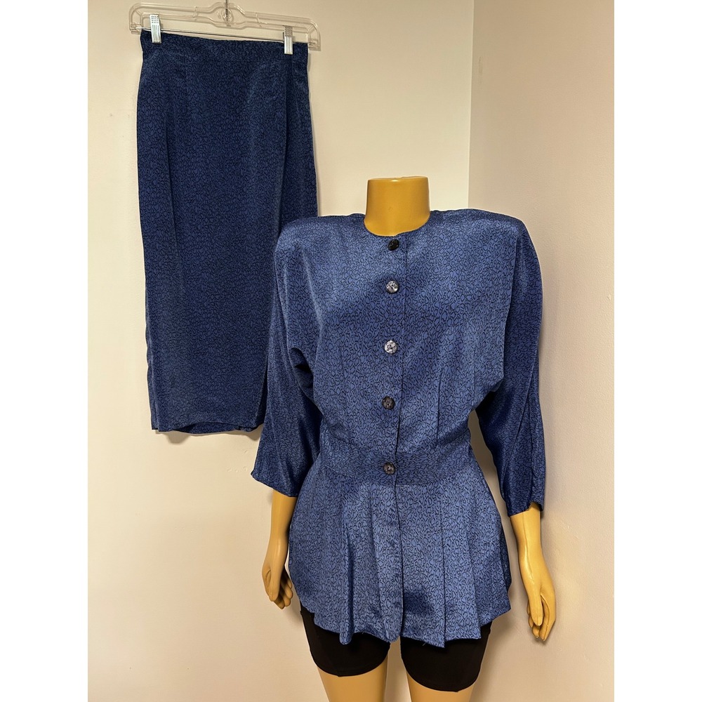 Vintage Laine USA Blue Jacquard Peplum Blouse and Midi Skirt Set 10